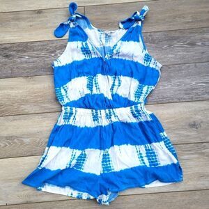 Hawaiian Tropic beach coverup romper blue and white striped with a tie dye look